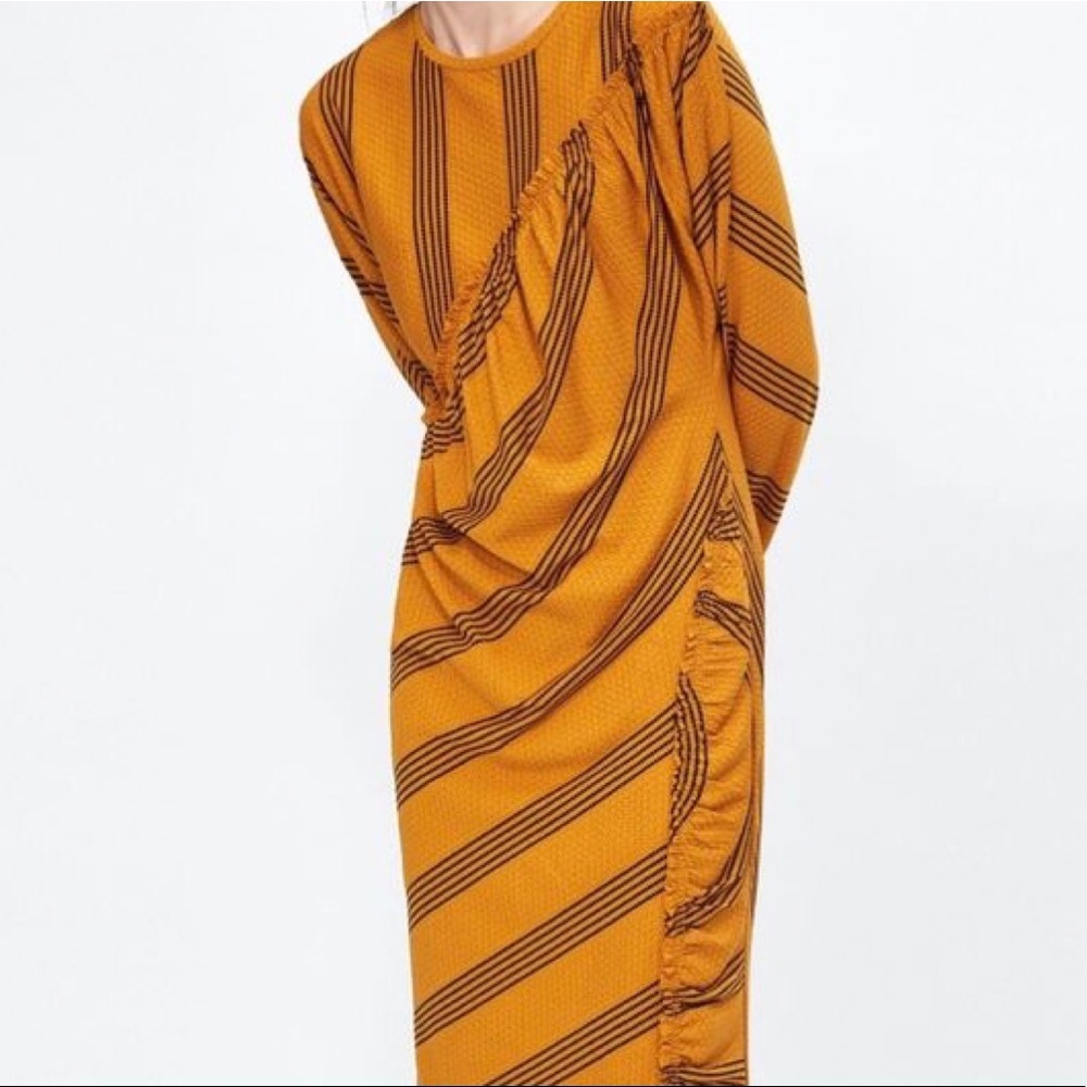 Zara Striped Gathered Yellow Gold Dress Size Small